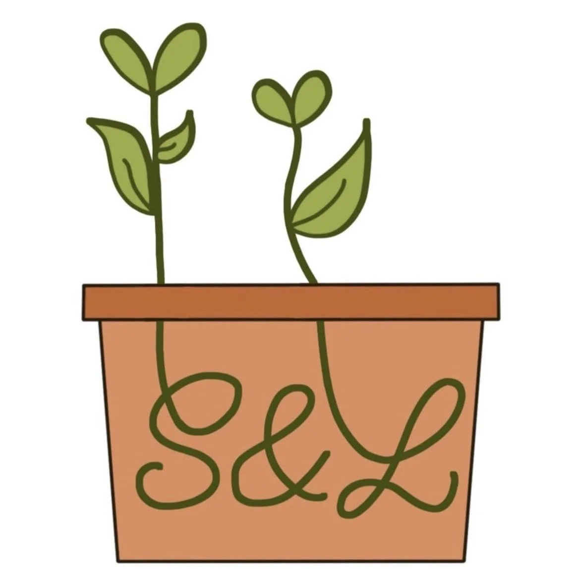 A cartoon drawing of a terracotta flower pot with the logo for Sprout N Larry's' written on it and two green sprouting plants growing from it.