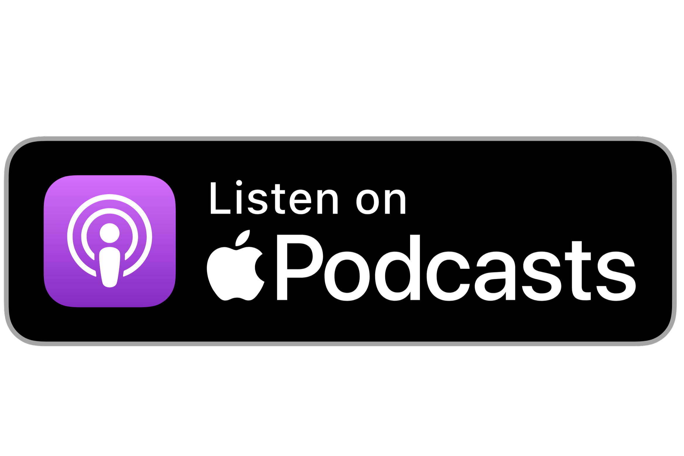 Podcast promotion button with Apple Podcasts logo, black background, purple icon, and white text that reads 'Listen on Apple Podcasts'.