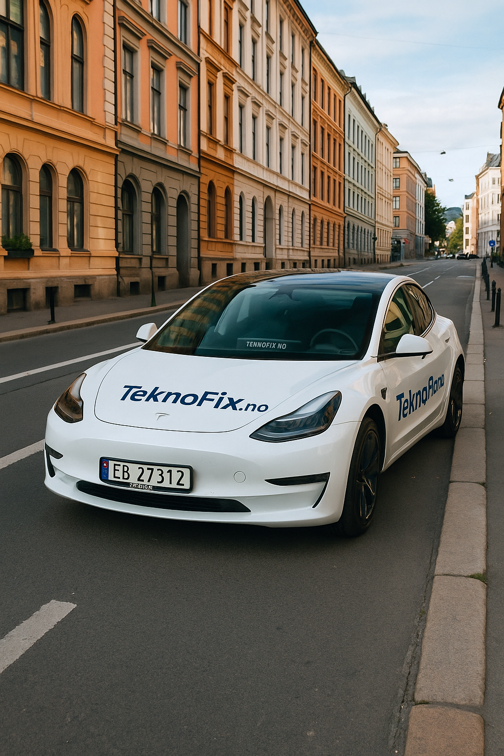 A white Tesla electric car parked on a city street with colorful old buildings lining the street. The car has 'TeknoFix.no' and 'TeknoBilar' written on it, and a Norwegian license plate.