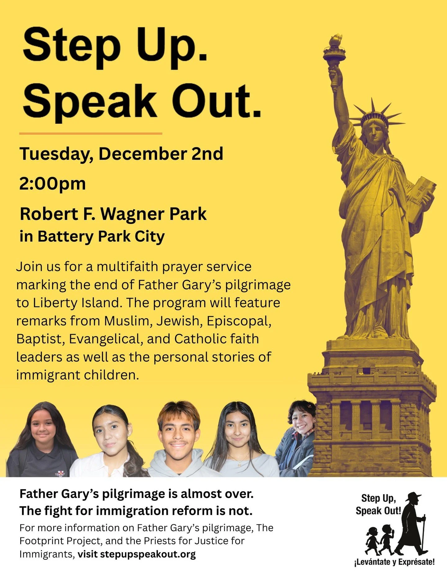 Mark the end of Father Gary&rsquo;s journey with us by attending a multifaith celebration in Battery Park!

After visiting the Statue of Liberty and Ellis Island, Father Gary and faith leaders of all different denominations will lead a public prayer 