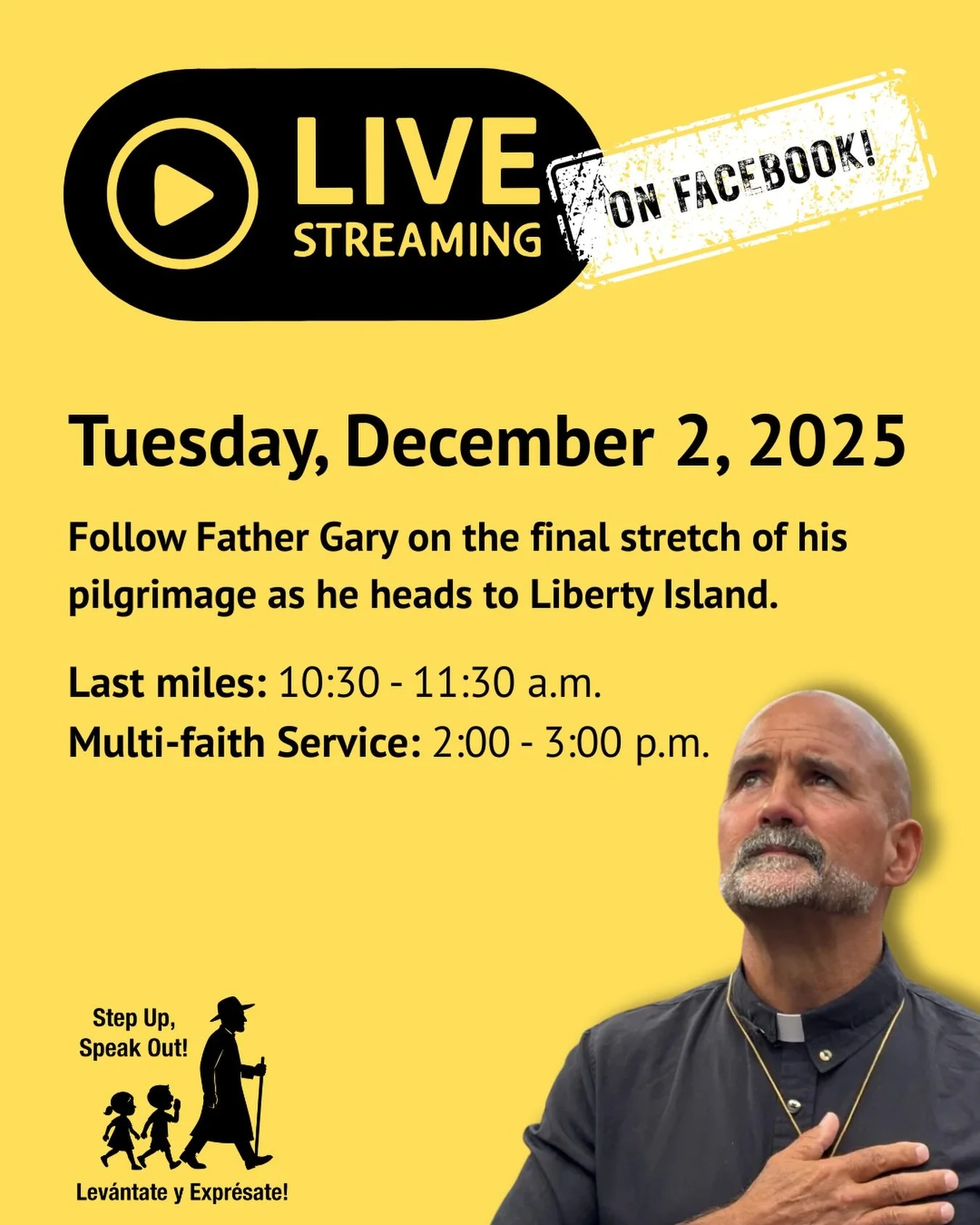 After 57 days, Father Gary will arrive at Liberty Island this Tuesday, December 2.

We are so grateful for the overwhelming support and love you have shown throughout his journey. We truly could not have done this without you.

Join us live on Facebo