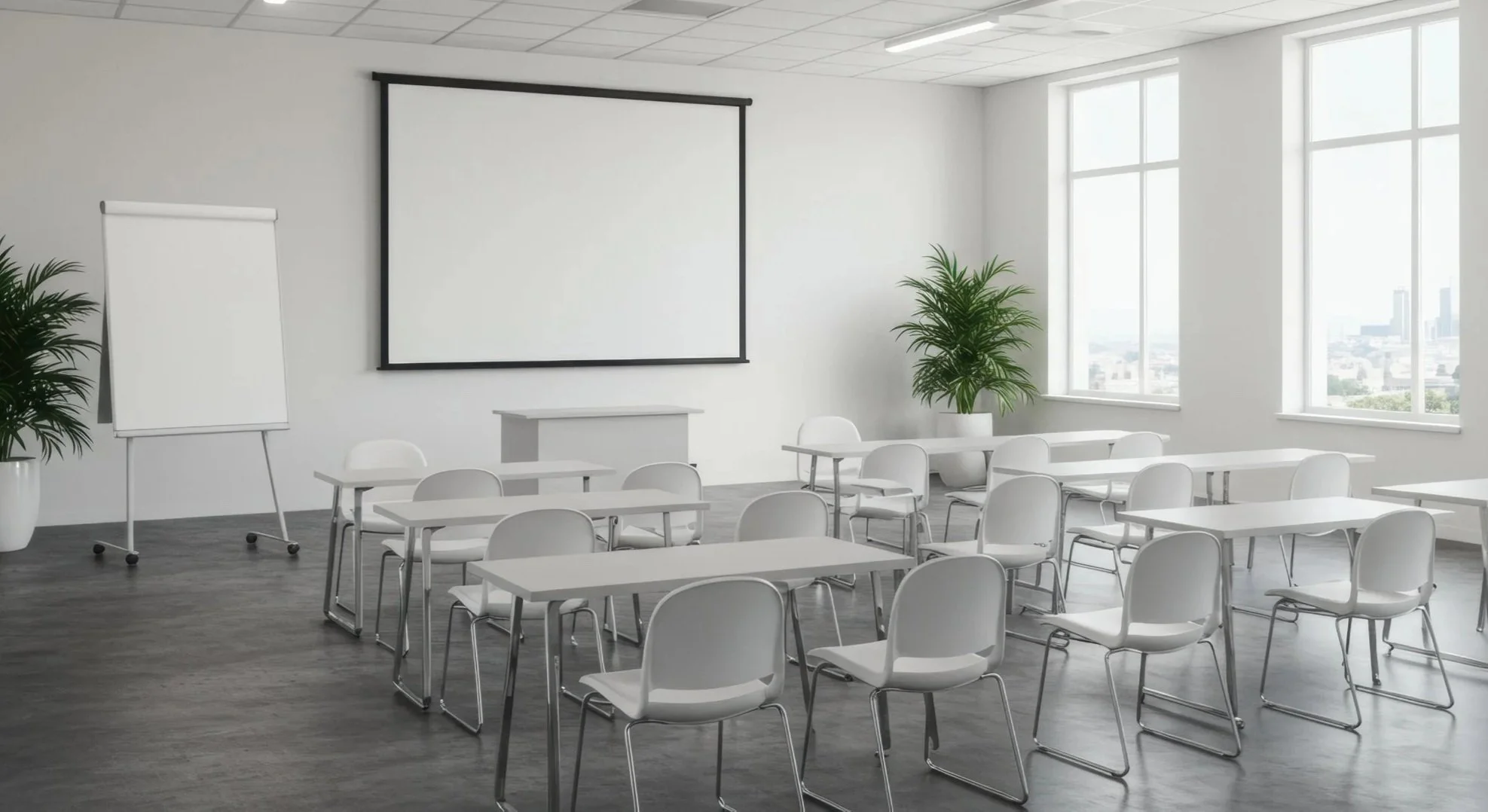 Empty conference room with white tables and chairs, a projection screen, a flip chart, and large windows with city views