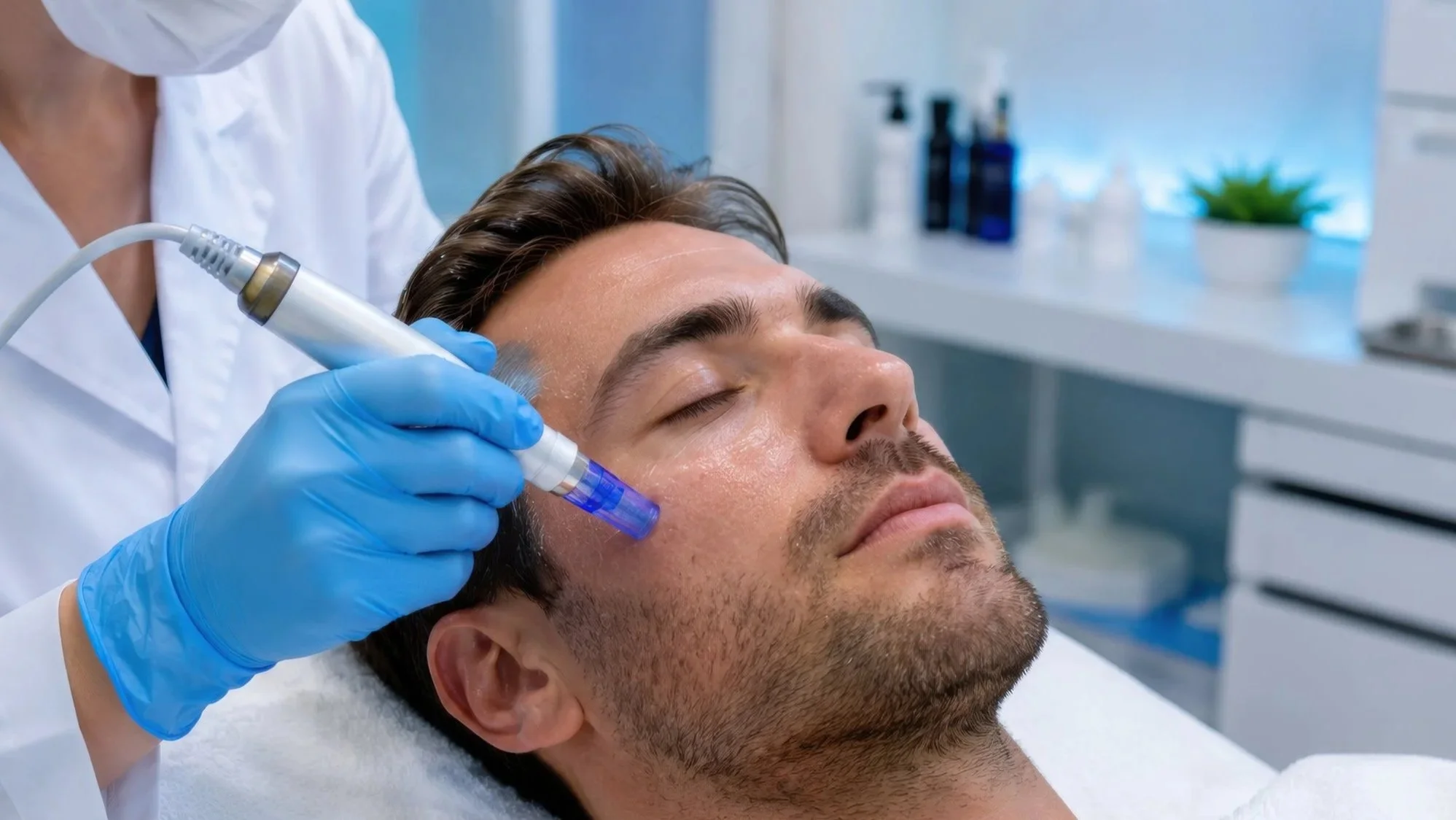 A man is lying down with his eyes closed while a professional in a white lab coat and blue gloves performs a cosmetic treatment on his face with a specialized pen.