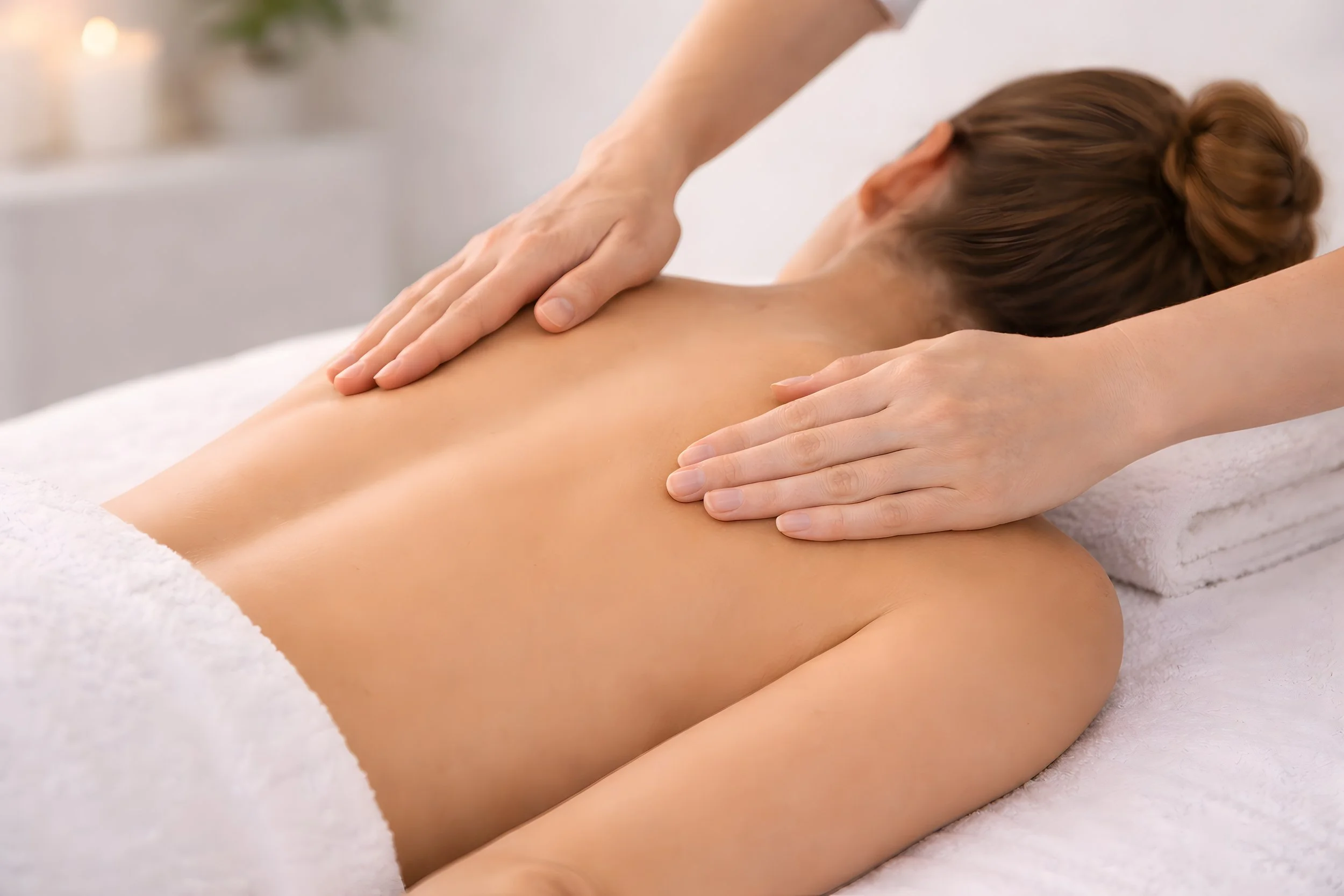 Person receiving a back massage on a massage table, lying face down with their head turned to the side, in a calm and relaxing setting.