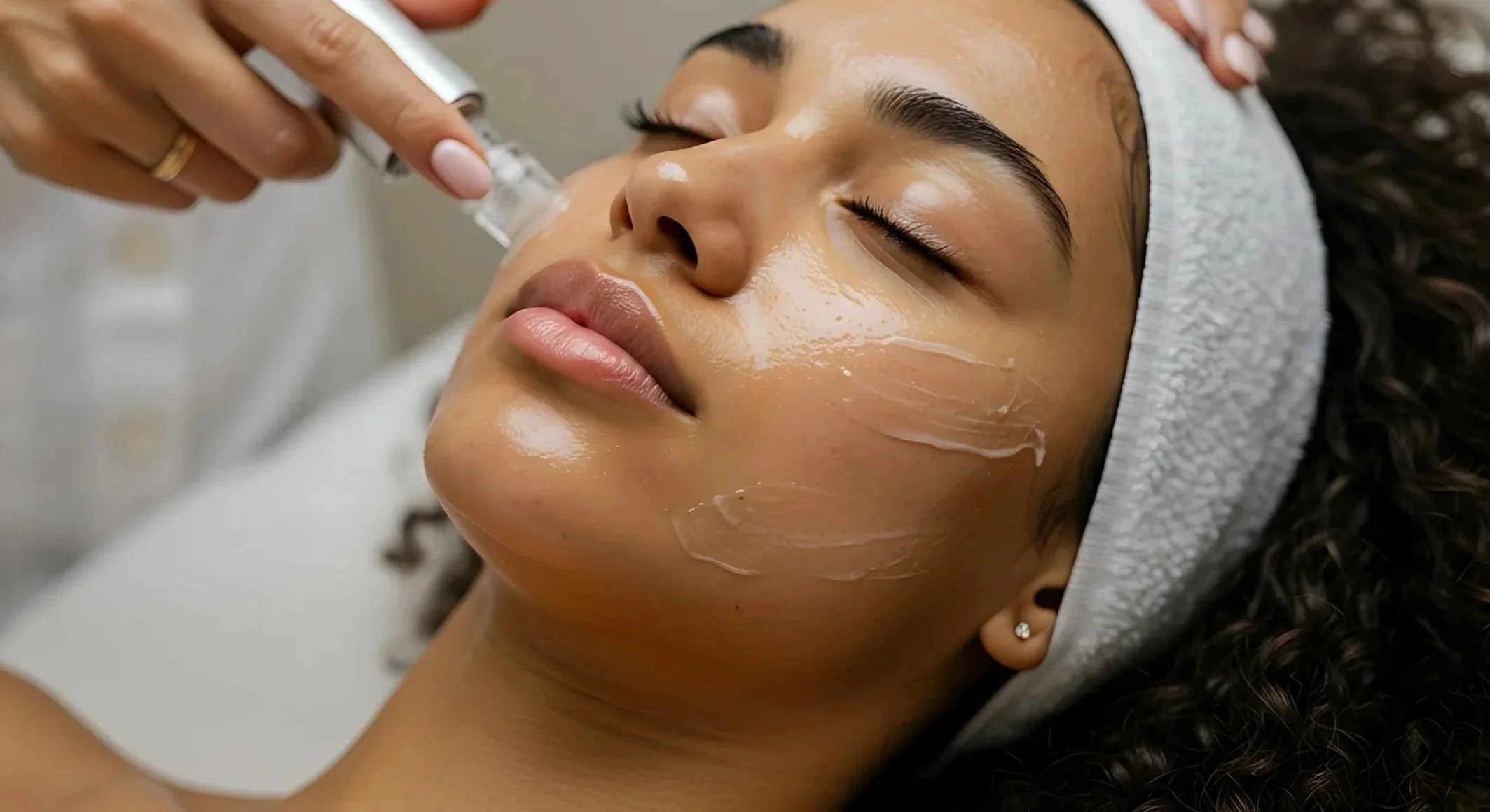 A woman receiving a facial treatment from a skincare professional, with facial cream being applied to her face.