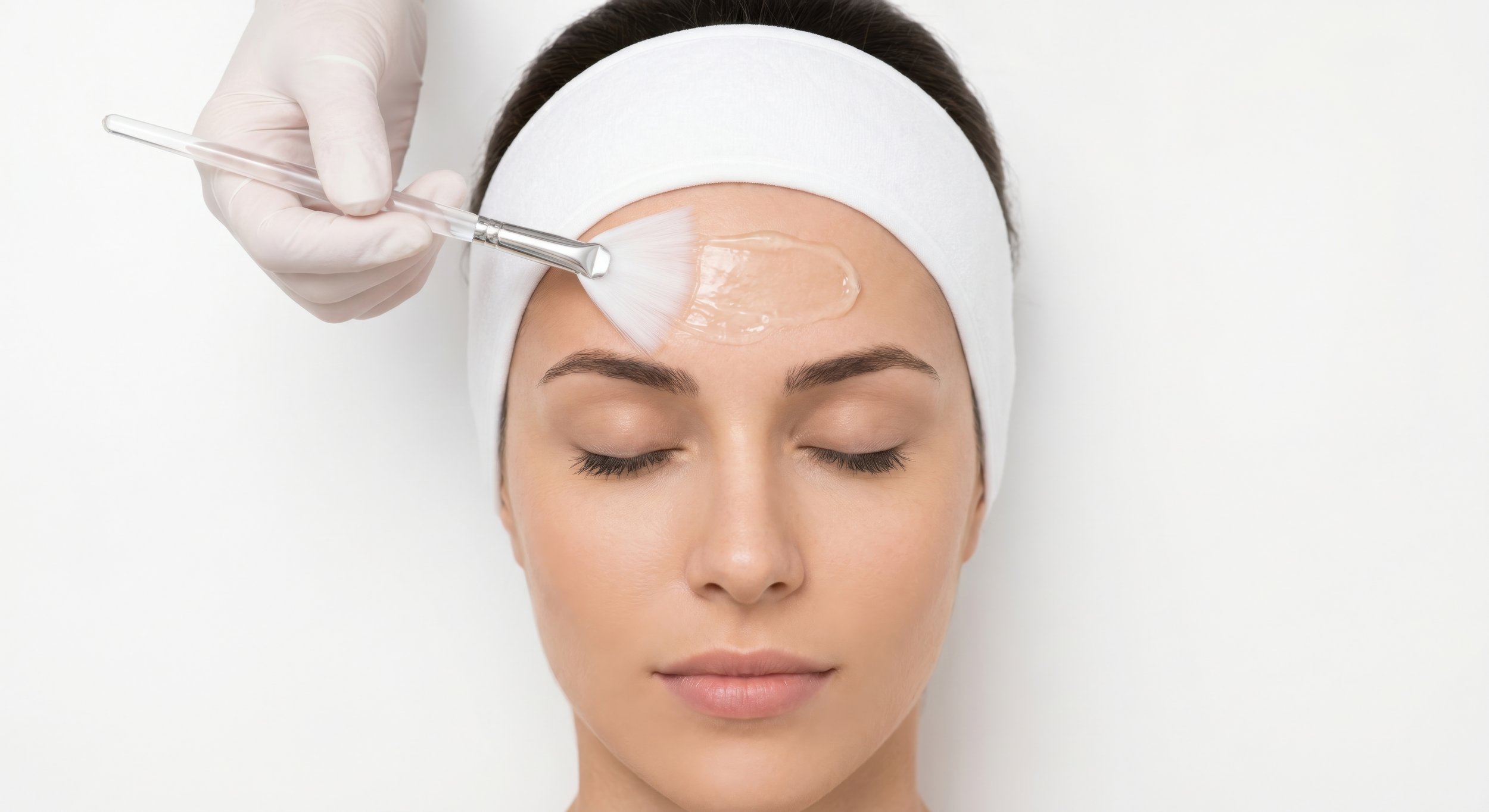 A woman with her eyes closed has a spa treatment applied to her forehead, with a clear gel and a brush, while wearing a white headband.