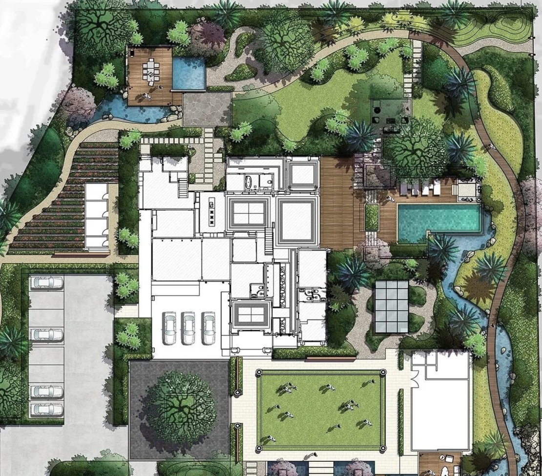 Colorful landscape architectural plan showing a residence, a swimming pool, a guest house, a garage, and various garden elements.