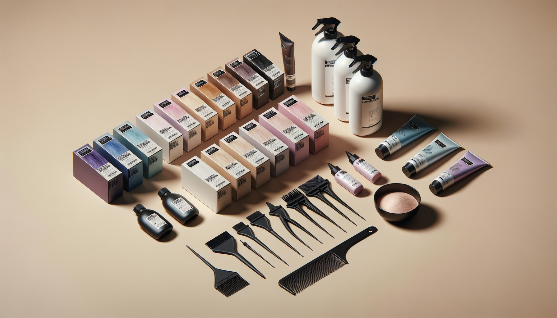A collection of hair care products including shampoos, conditioners, styling sprays, and hair dyes, along with various hair styling tools like brushes, combs, and applicators, arranged on a beige background.