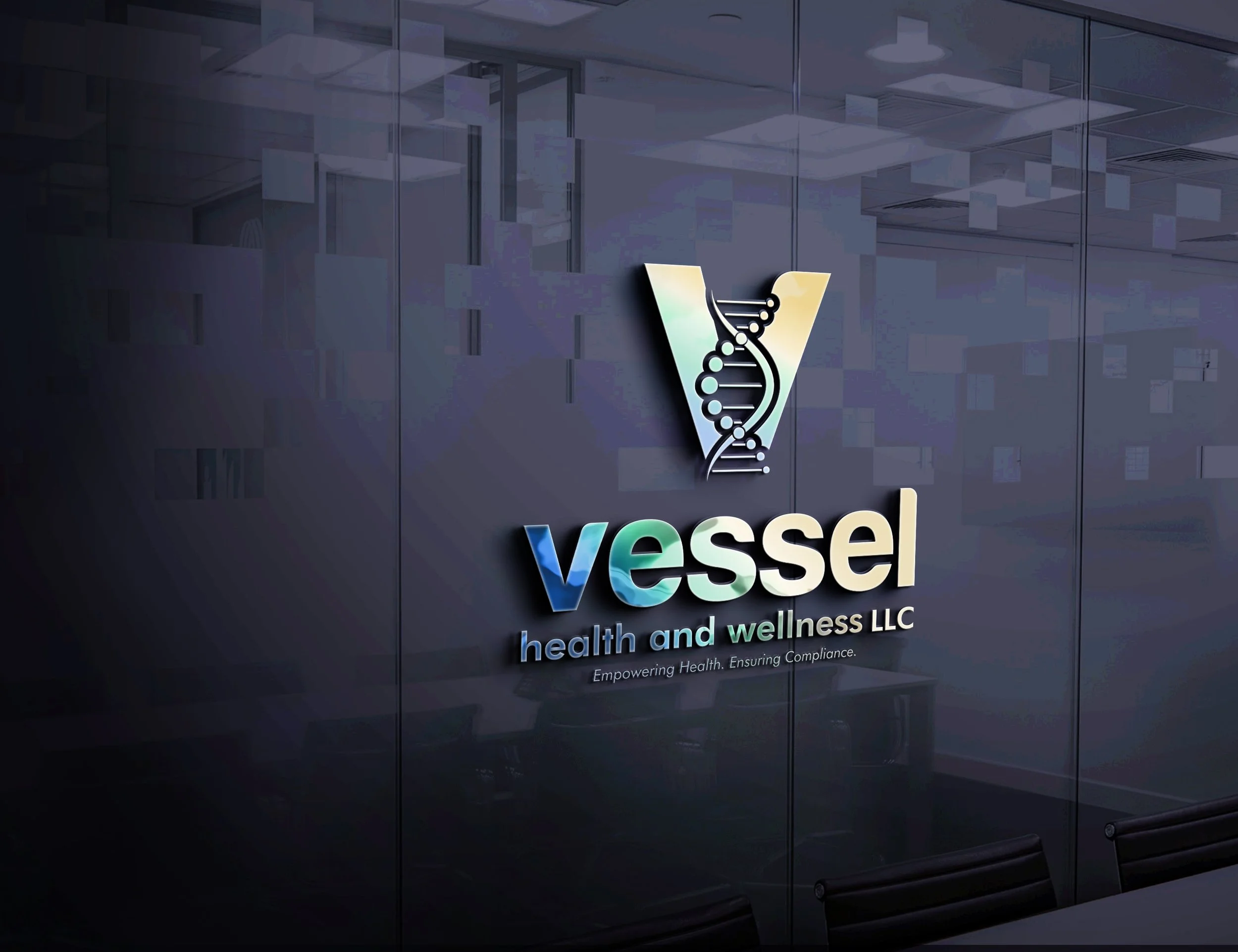 Office wall with a logo for Vessel Health and Wellness LLC, featuring a stylized DNA strand inside a V shape and the words 'vessel' and 'health and wellness LLC' beneath, along with the tagline 'Empowering Health. Ensuring Compliance.'