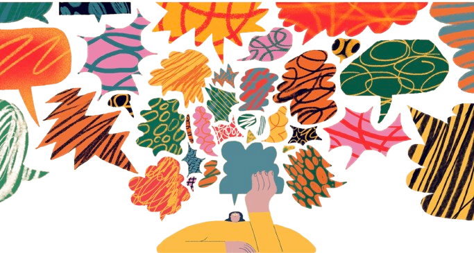 A person holding a newspaper with various colorful, abstract shapes and patterns emerging from it, resembling thought clouds or creative ideas.