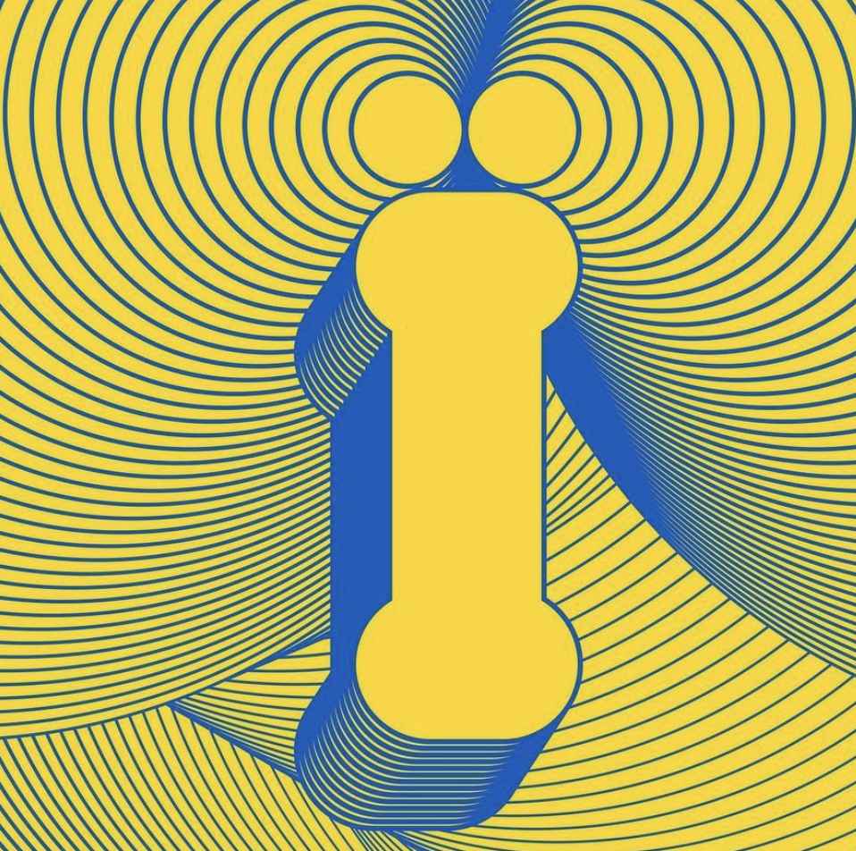 Abstract art featuring a large, yellow letter 'I' with blue outlines, set against a background of yellow and blue concentric lines creating an optical illusion effect.