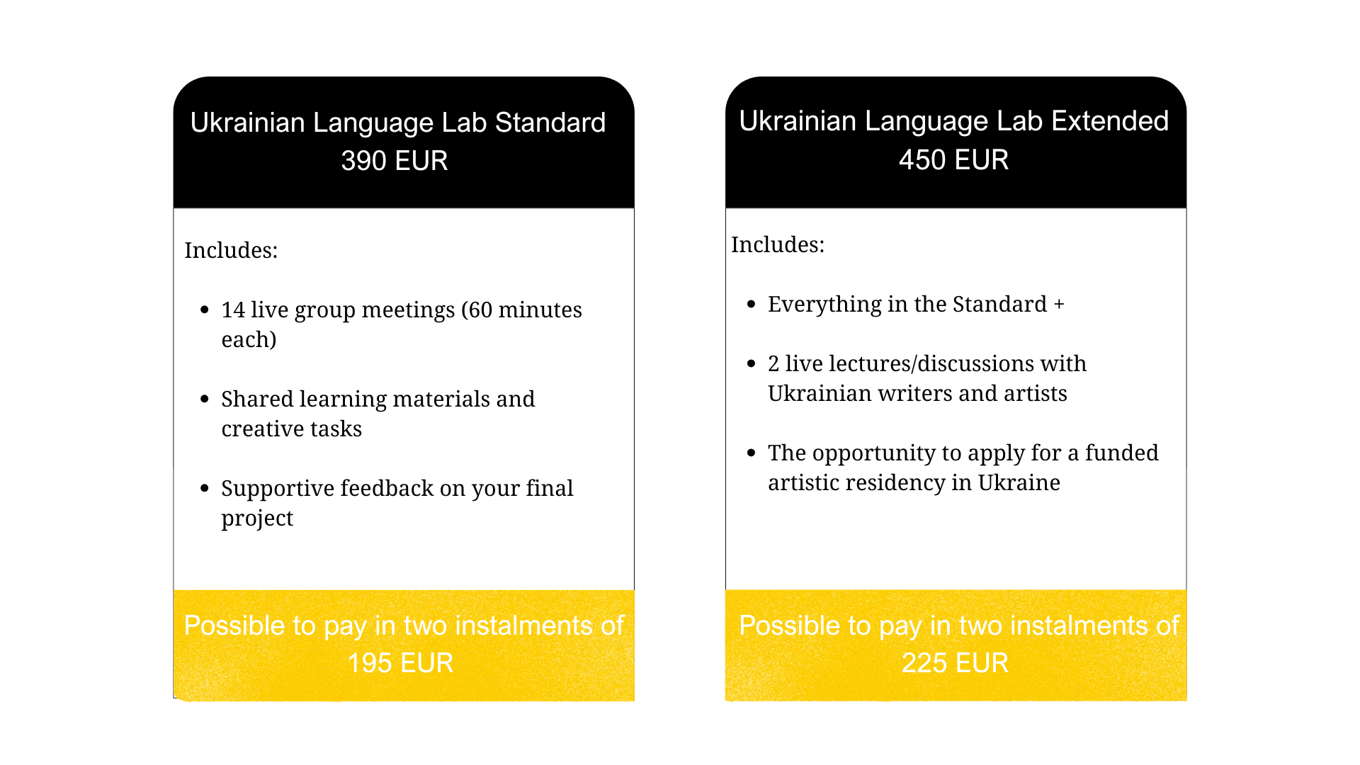 Comparison chart of Ukrainian language lab courses with prices, features, and payment options. The Standard course costs 390 EUR and includes 14 live group meetings, shared materials, and feedback. The Extended course costs 450 EUR, includes everything in Standard plus two lectures/discussions, and application opportunity. Both courses offer a two-installment payment plan.