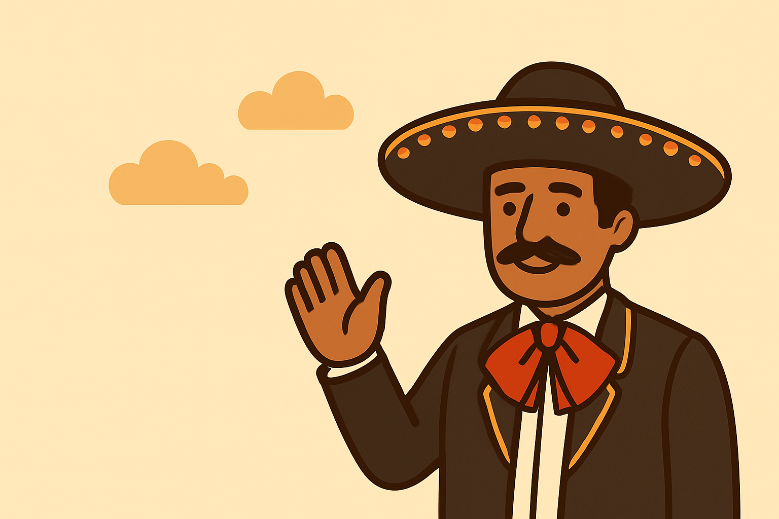 Ilustración de un charro, saludando con la mano, con nubes en el cielo de fondo.