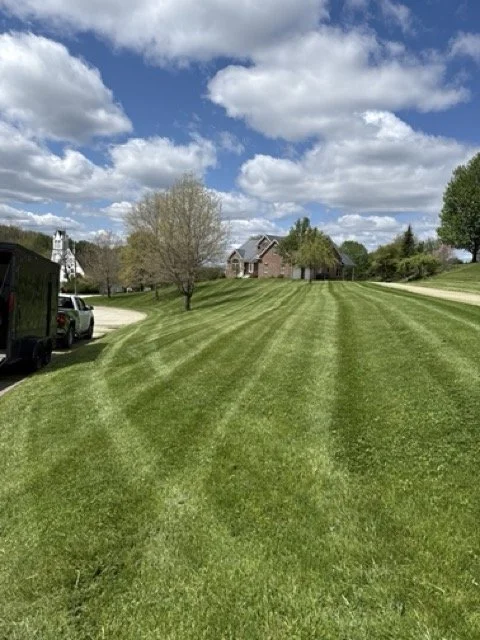 A well-maintained grassy lawn with striped mowing pattern, trees, and a house in the background under a partly cloudy sky.