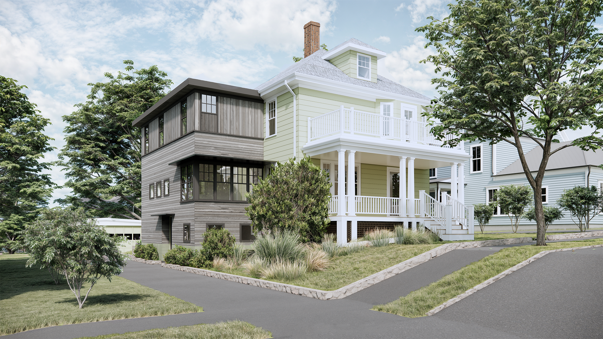 A multi-story house with a yellow and white exterior, white railings, and a porch on a sloped lawn, surrounded by trees and shrubs, with a driveway winding up the hill.