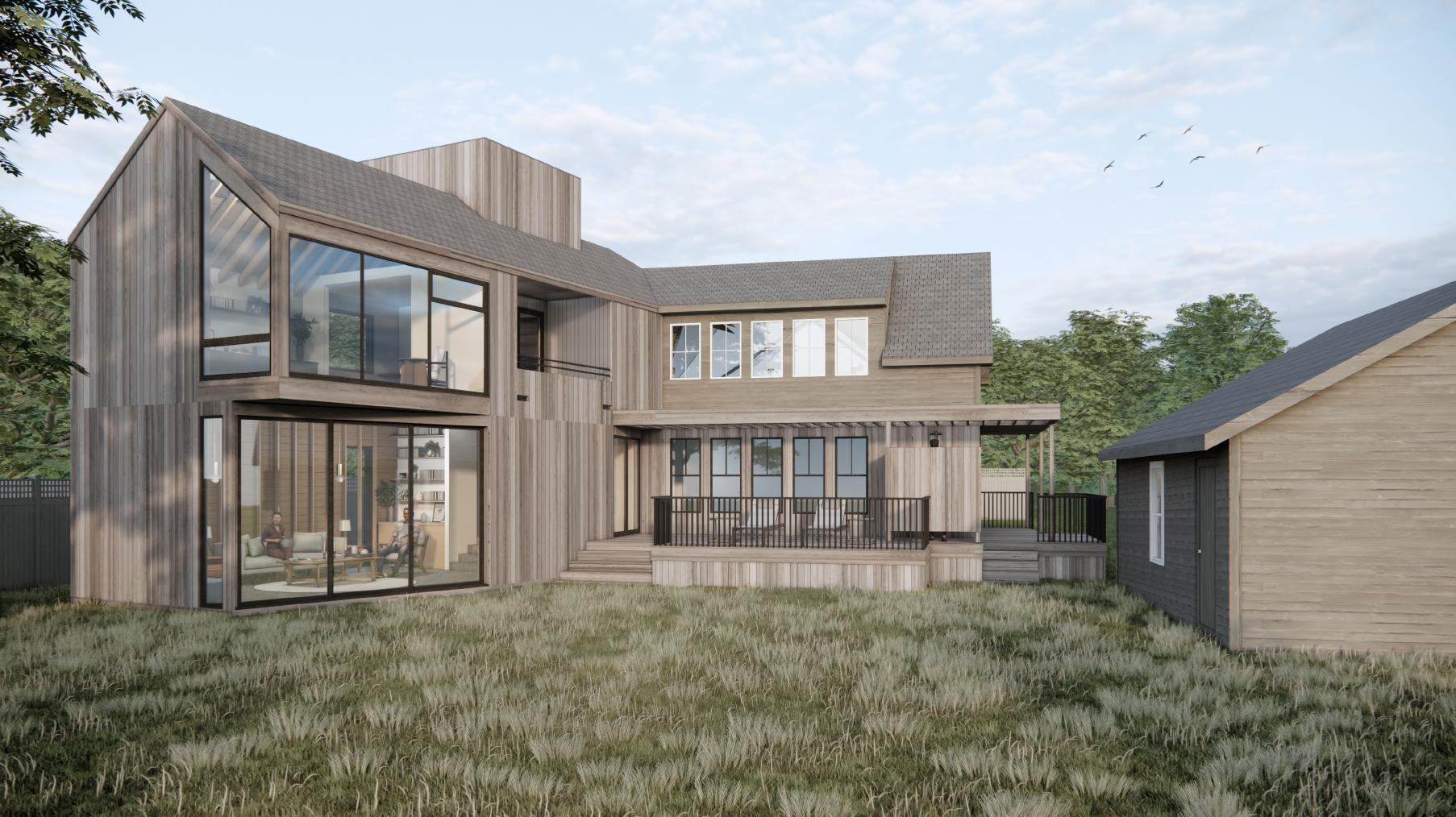 A modern two-story house with large glass windows and wooden exterior, surrounded by a grassy yard and trees.