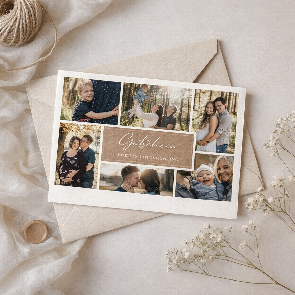 Fotoshooting Geschenkgutschein liegend auf Kuvert mit Blumen in natürlicher Lichtstimmung