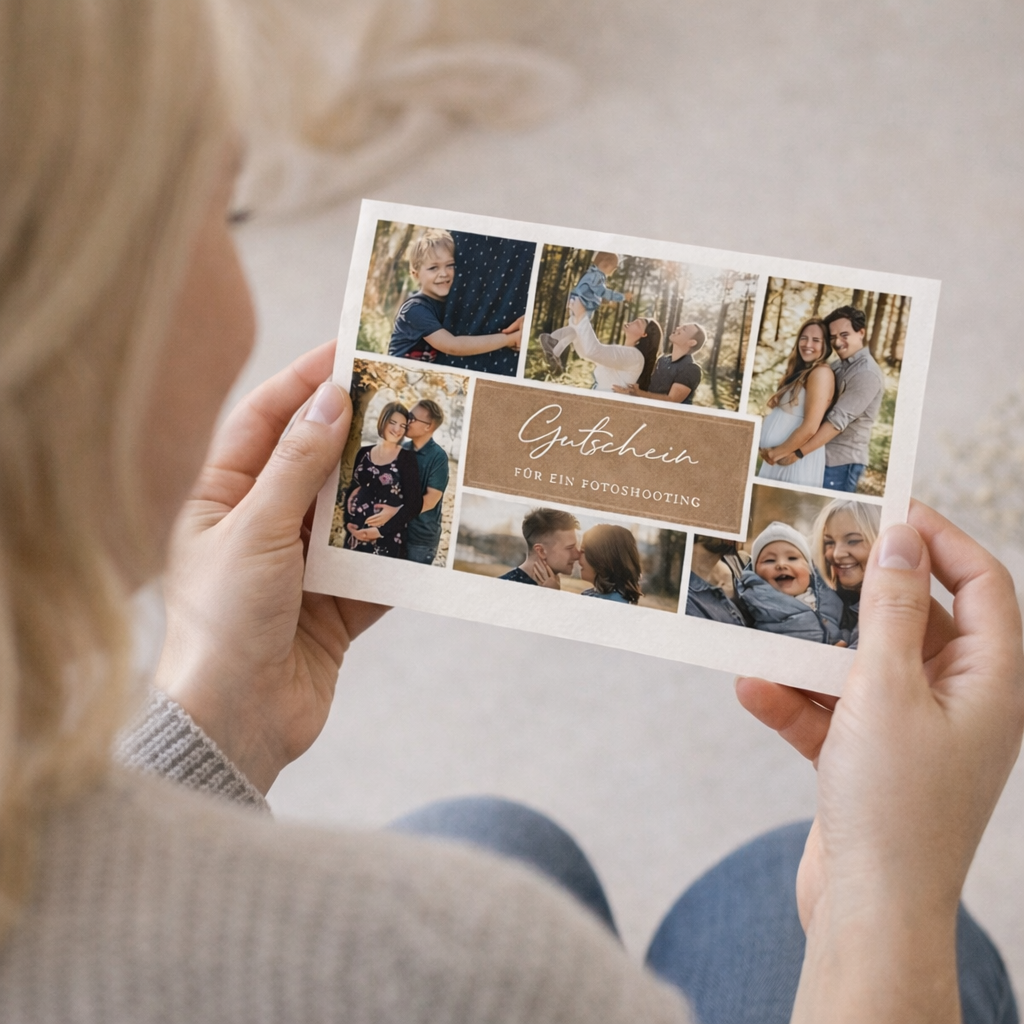 Fotoshooting Gutschein kaufen – Frau betrachtet Geschenkgutschein für Fotograf Bad Ischl