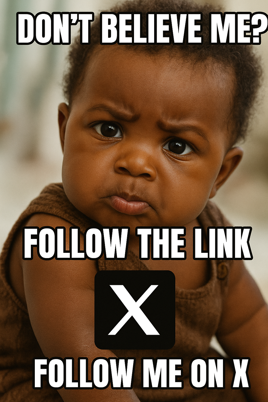 A young child's face with a serious expression, overlaid with text saying "Don't believe me? Follow the link X Follow me on X" and a large letter X in a black box.