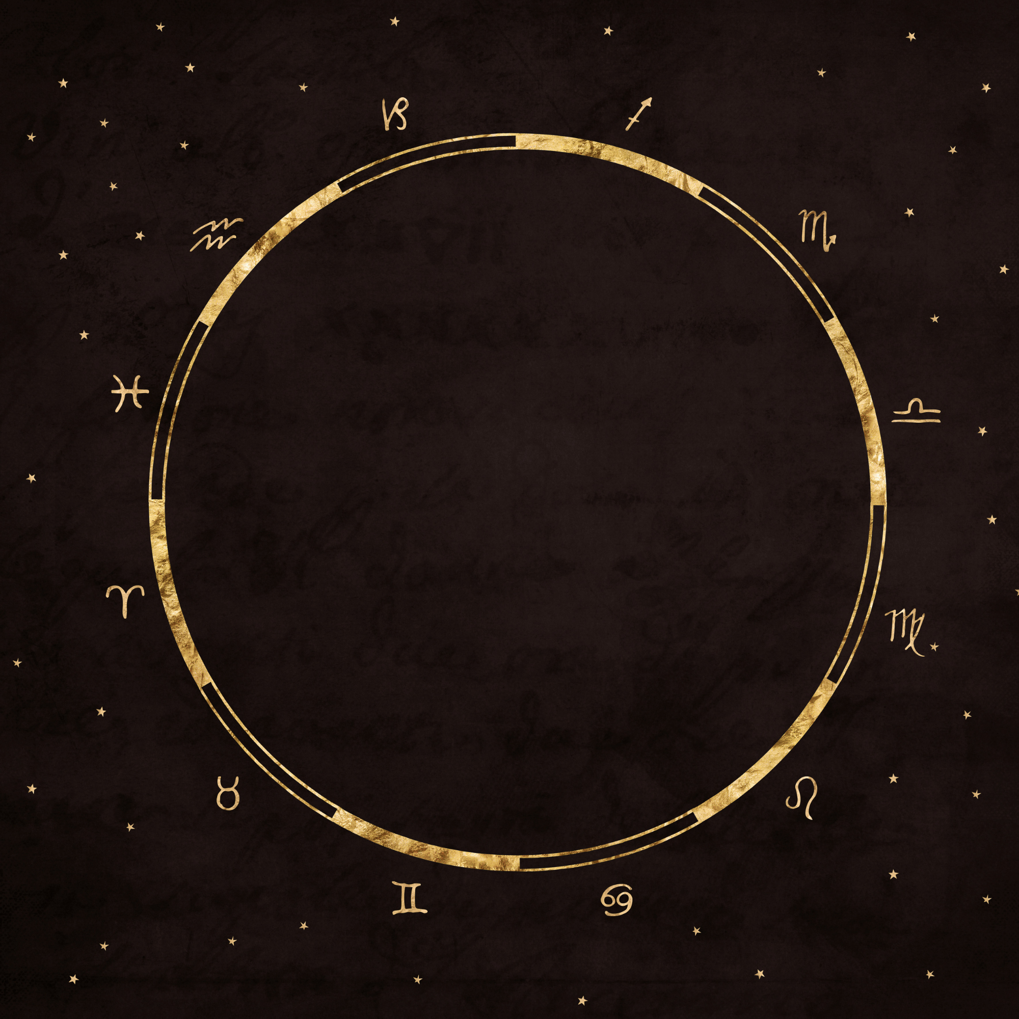 A dark background with a gold zodiac wheel featuring symbols of the zodiac signs and small stars across the surface.