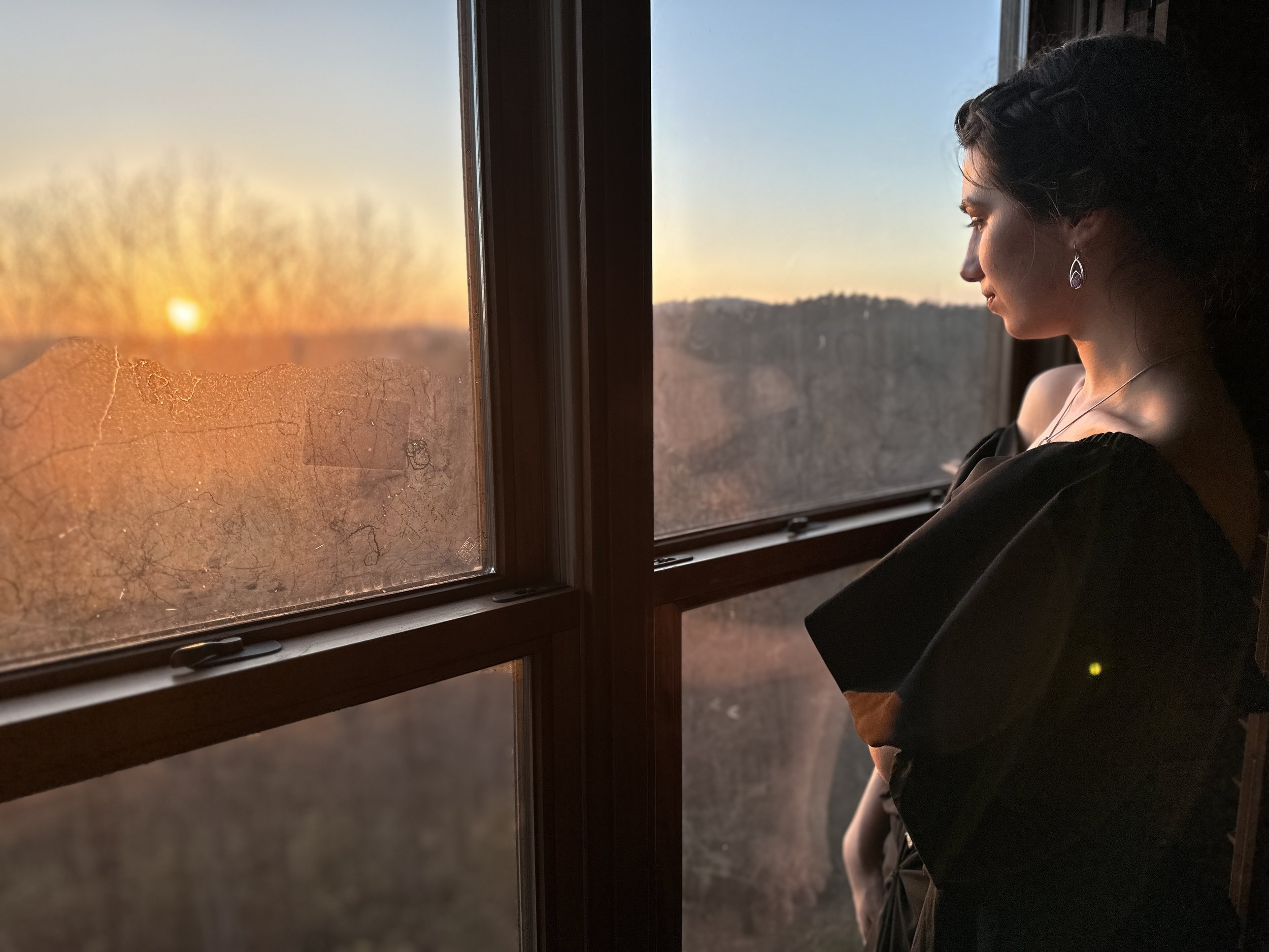 A woman with dark hair and earrings looks out a window at sunset or sunrise over a hilly landscape.