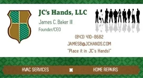 Business card for JC's Hands, LLC with contact information and related services.
