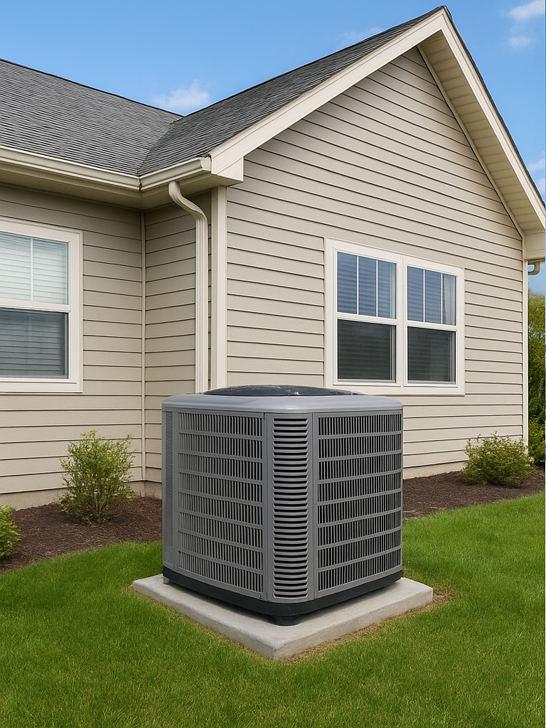 An outdoor air conditioning unit on a concrete pad in the backyard of a house with beige siding and white-framed windows.