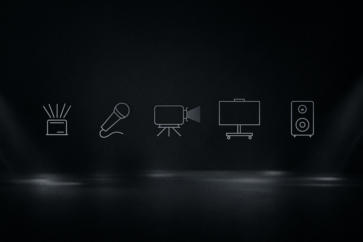 Icons on a dark background representing a smart speaker, microphone, camera, monitor, and speaker.