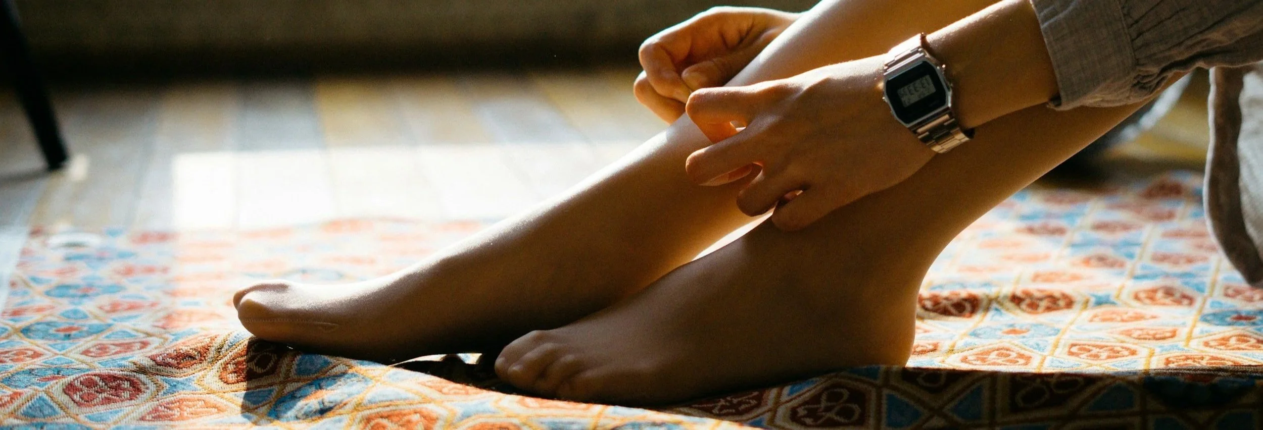 Lower leg and foot stretching, and help taking off compression stockings, supporting podiatry and foot health care in Newport