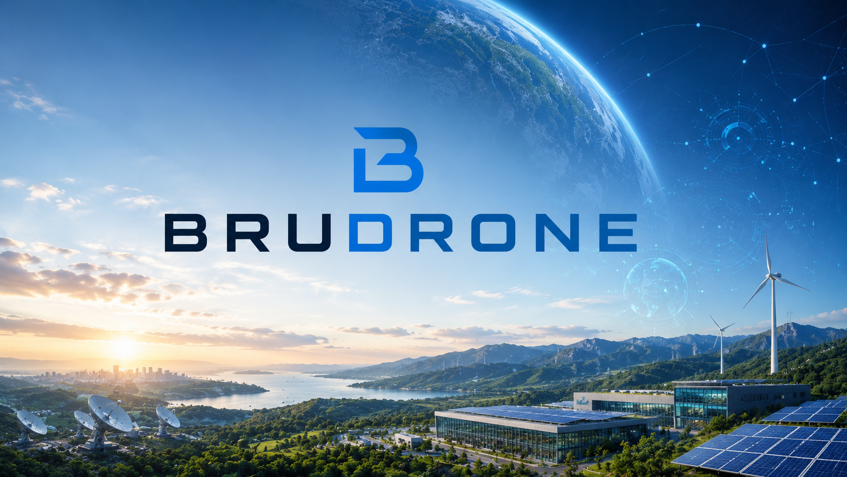A digital image of Earth viewed from space, with a landscape below featuring wind turbines, solar panels, satellite dishes, a modern building, and mountains with a city skyline in the distance. The logo and name "Brudrone" are displayed prominently in the center.