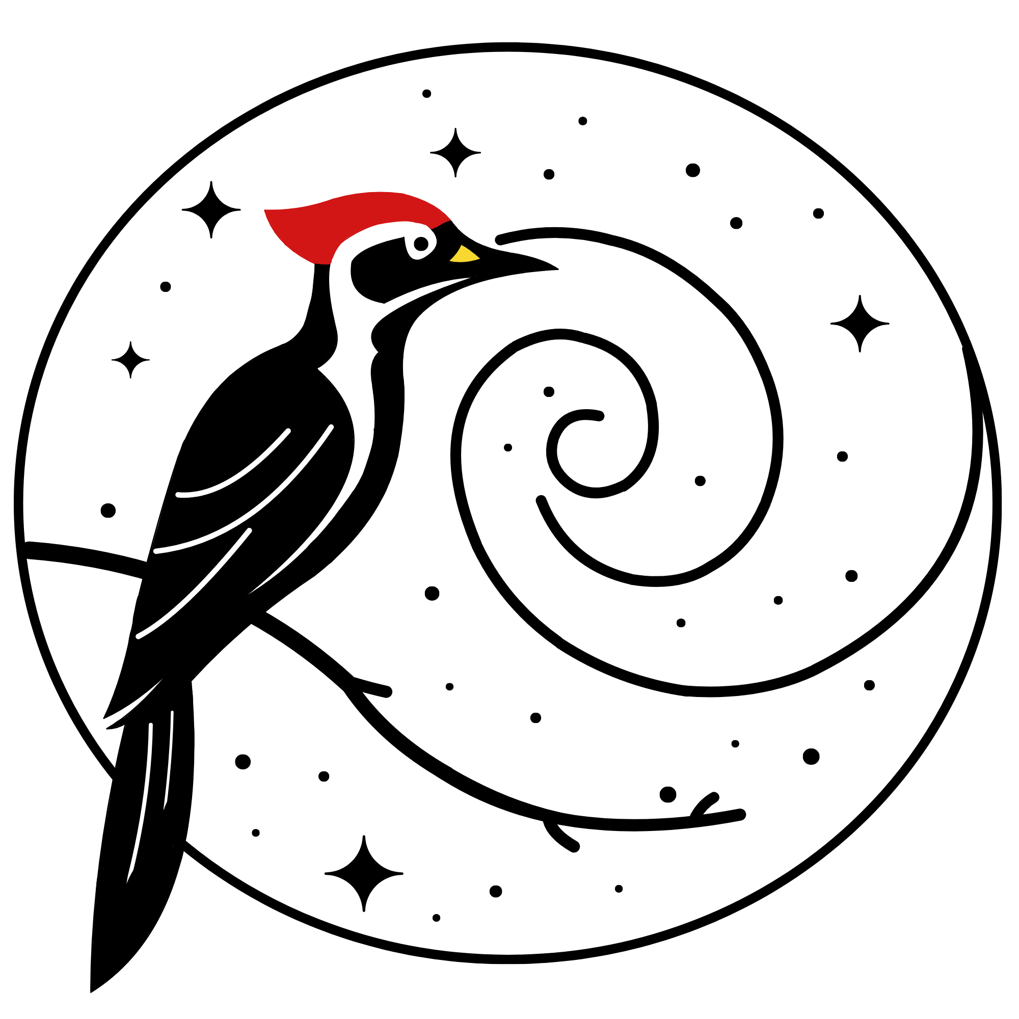 The Resonant Archive Logo Icon: A minimalist cartoon drawing of a woodpecker, with a yellow beak and red feathers on its head, guarding a cosmic spiral. The drawing is depicted with simple lines and shapes.