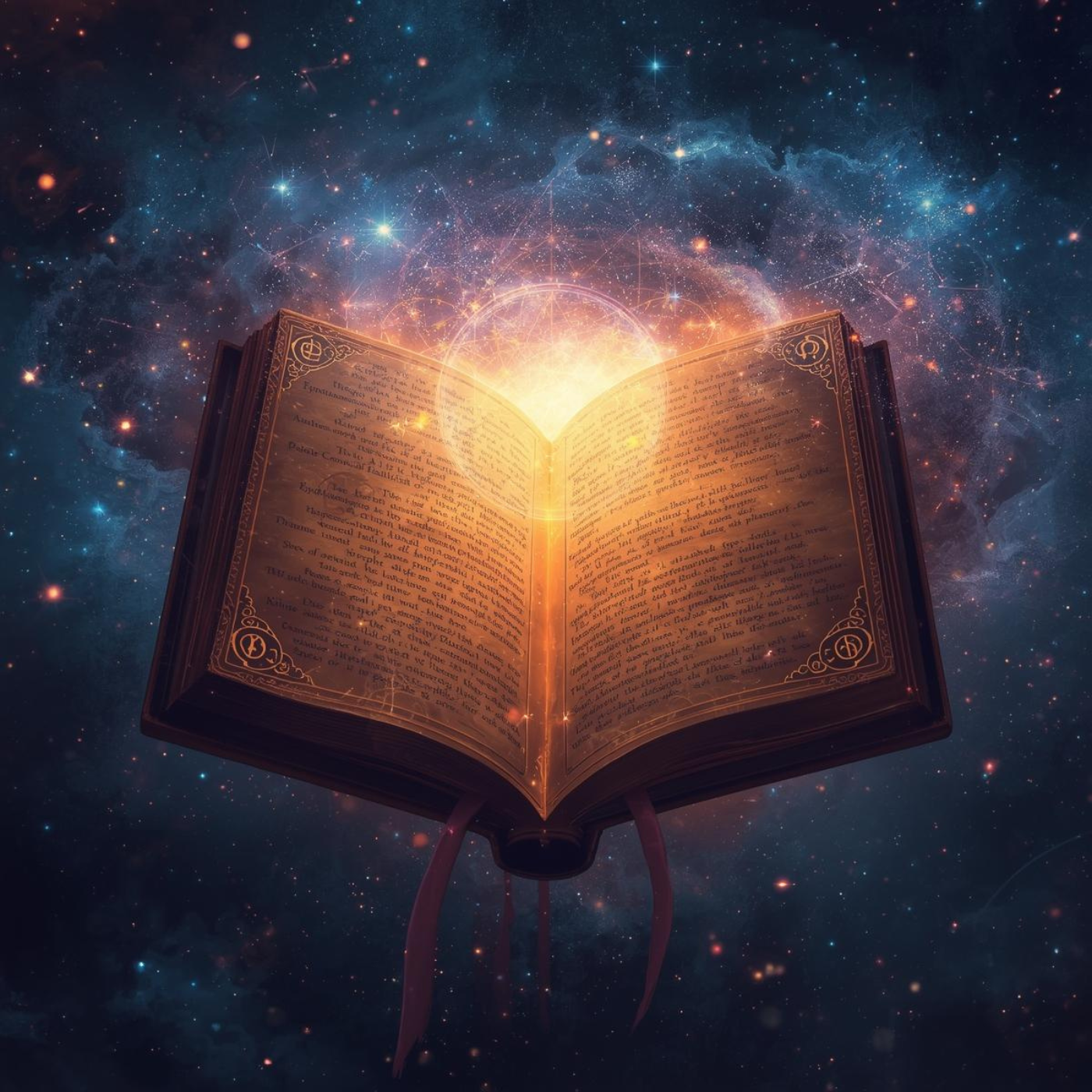 A glowing open book floating in space with stars and nebulae in the background.