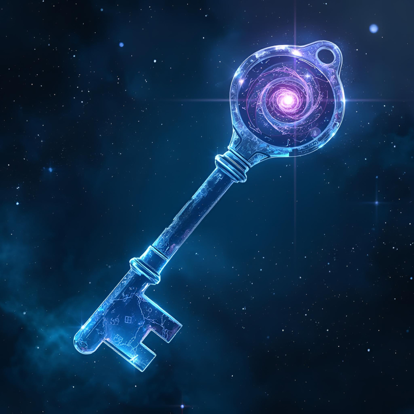 A glowing, futuristic key with a spiral galaxy design in its bow against a starry space background.