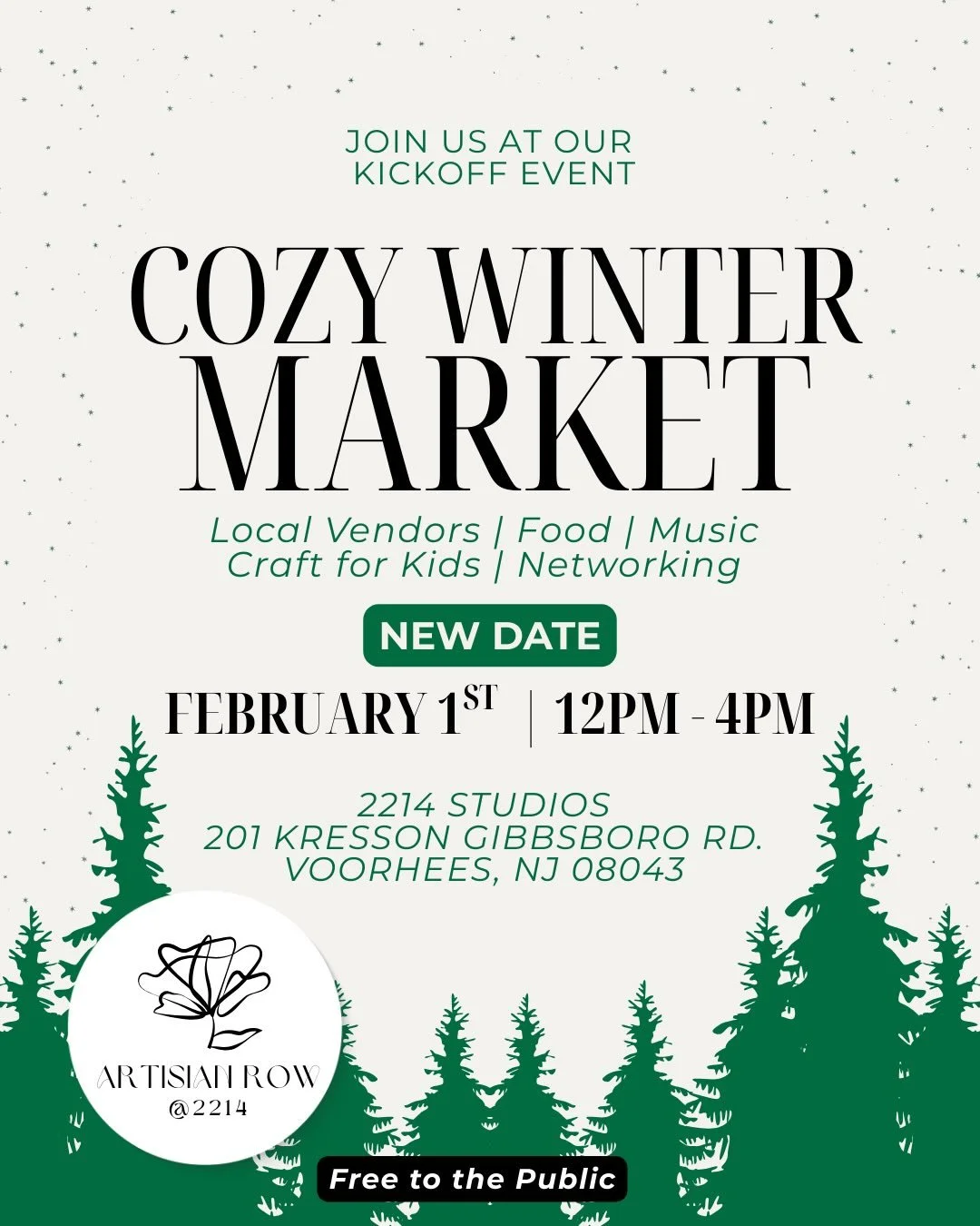 Join us. This Sunday! 

Where cozy meets community
Join us at Artisan Row @ 2214 Studios for our Cozy Winter Market

February 1 | 12&ndash;4PM
Local vendors &bull; Food &bull; Music
Crafts for kids &bull; Networking

FREE and family-friendly