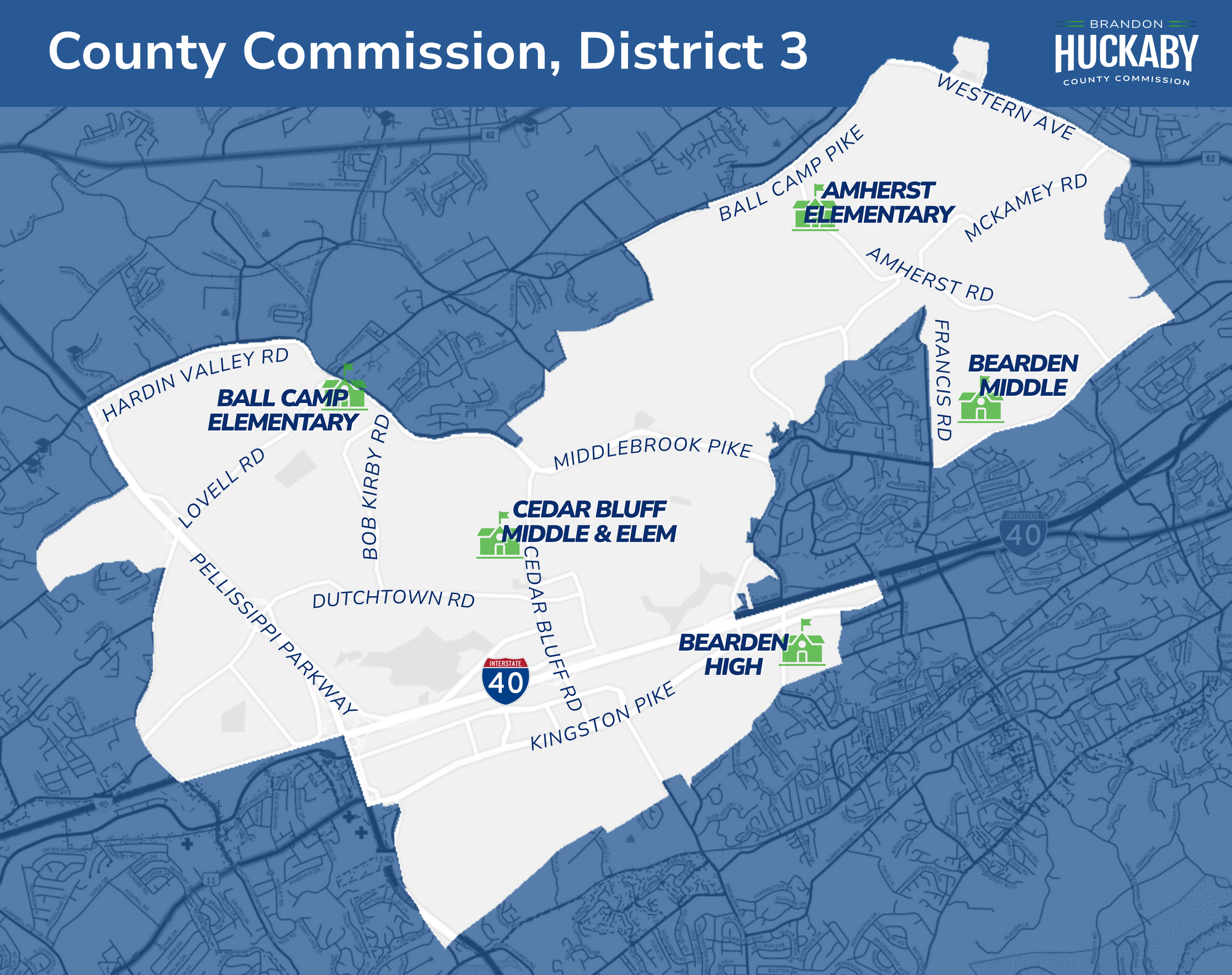Map of County Commission District 3 in Brandon Huckaby, highlighting schools including Amherst Elementary, Bearden Middle, Cedar Bluff Middle & Elementary, Bearden High, and Ball Camp Elementary, with street names and Interstate 40.
