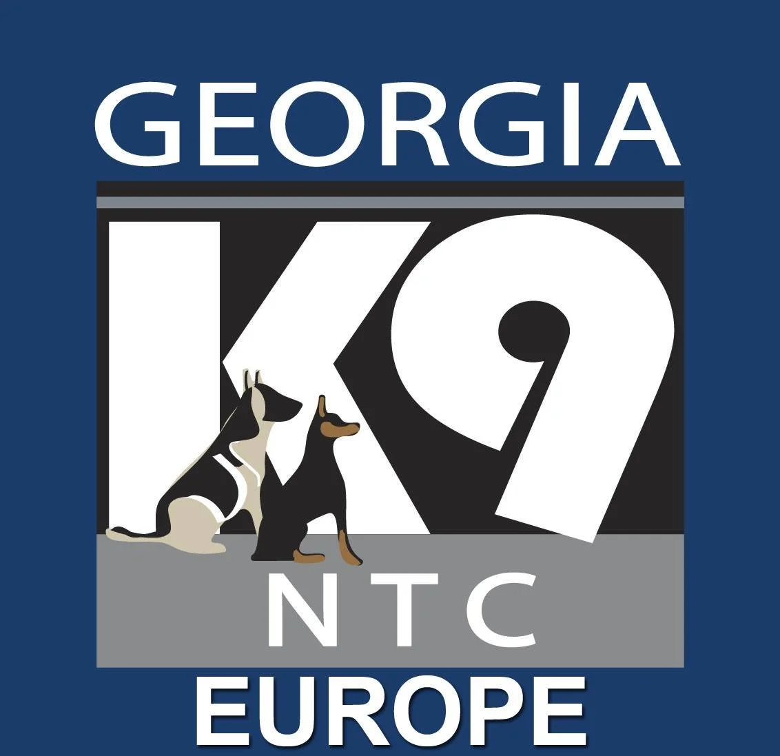 Dog rescue logo with the word Georgia, and the text 'K9 NTC Europe' featuring two illustrated dogs sitting, one black and tan and the other black and white.