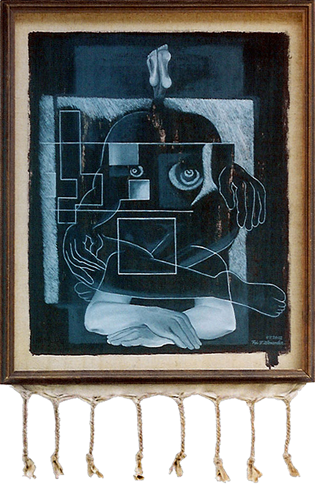 Tense Leisure 
30" x 35" x3" maxD 
Acrylic on Braided Burlap