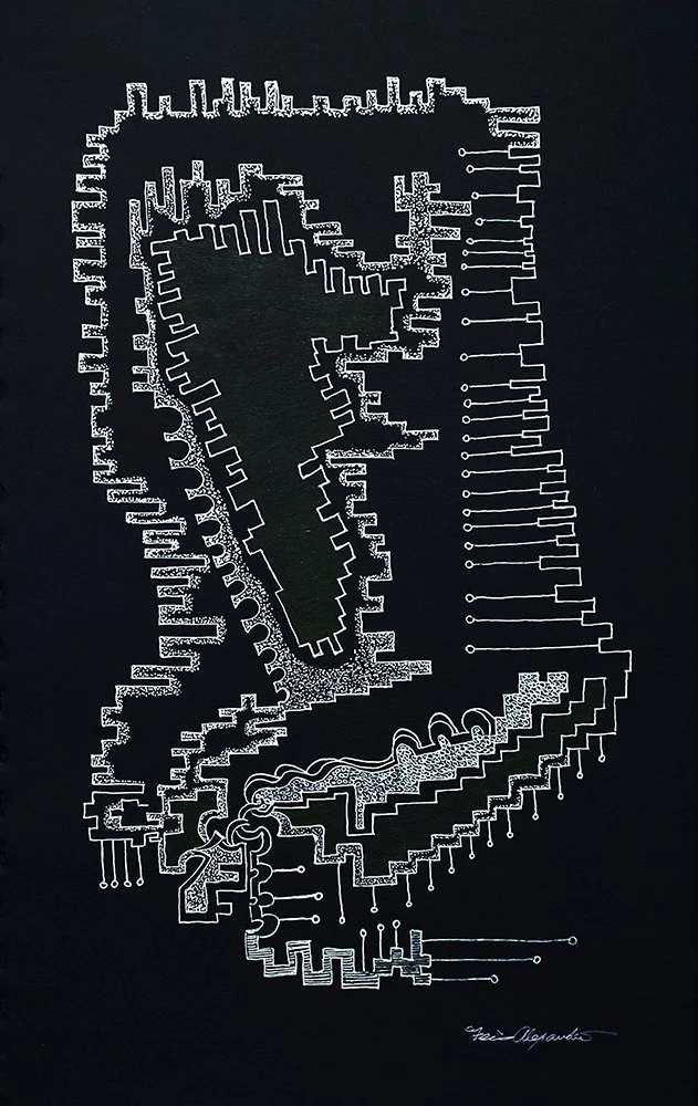 Where the Land Meets Fingertips  [ 12” x 14”  Gel Pen on Sketch Paper]