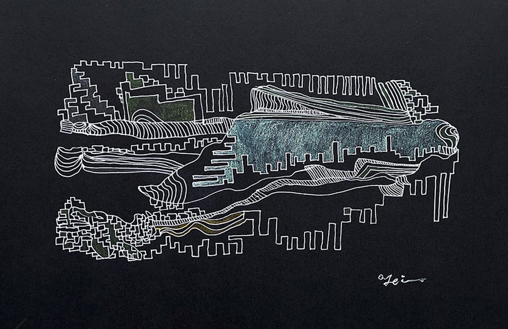 Winding Thought  [ 14” x 12”  Gel Pen on Sketch Paper]