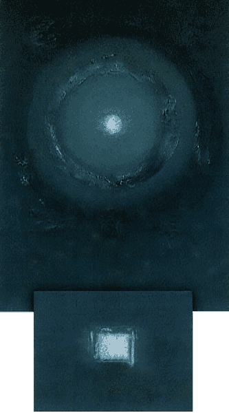 Moon and the Breathing Air  8” x 16” x 3” maxD  Acrylic on Overlapped Canvases 