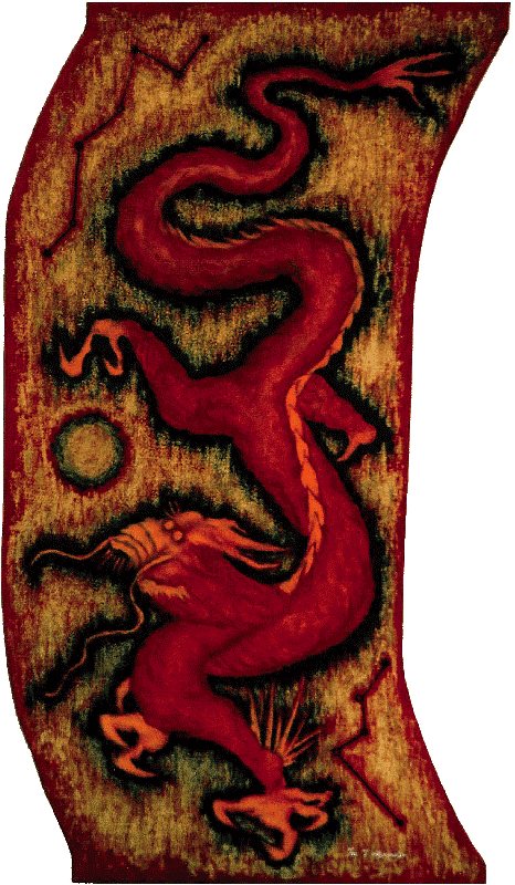Dragon  28” x 18” x 2.5”  Oil Color and Oil Color Stick on hand-curved Unconventional Burlap