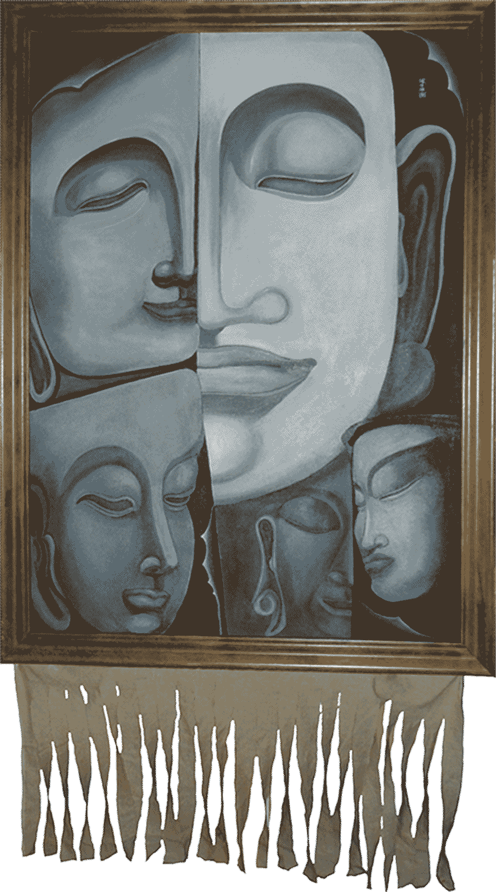 Buddish facial Reactions  50” x 65” x 3”  Acrylic On Burlap W/used Frame