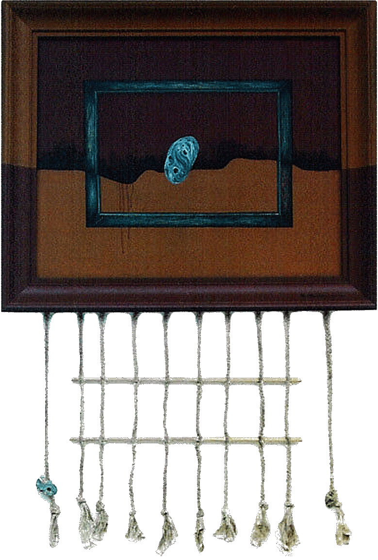 Hollow  36” x 48” x 2” maxD  Acrylic On Draped Braided Burlap /Used Frame 