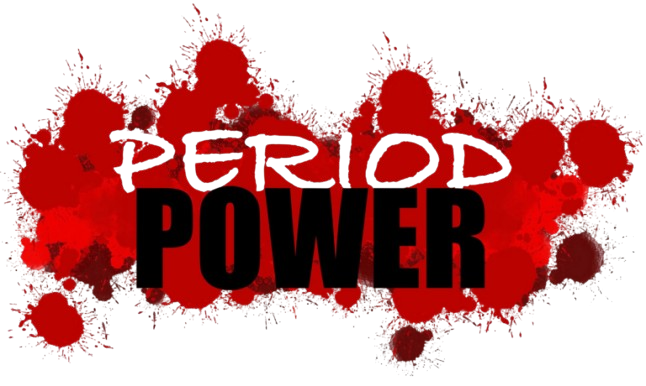A graphic with the word 'PERIOD' in a stylized font, overlaid with large, bold 'POWER' in black, surrounded by red splashes and splatters.