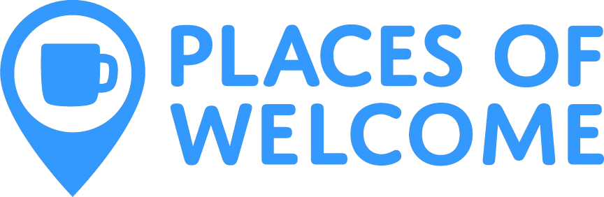 Logo for Places of Welcome with a blue map pin icon containing a coffee mug silhouette and the text 'PLACEs OF WELCOME' in blue
