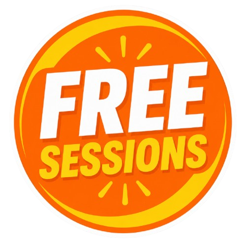 Orange circular sticker with yellow accents and the text 'FREE SESSIONS' in bold white and yellow letters.