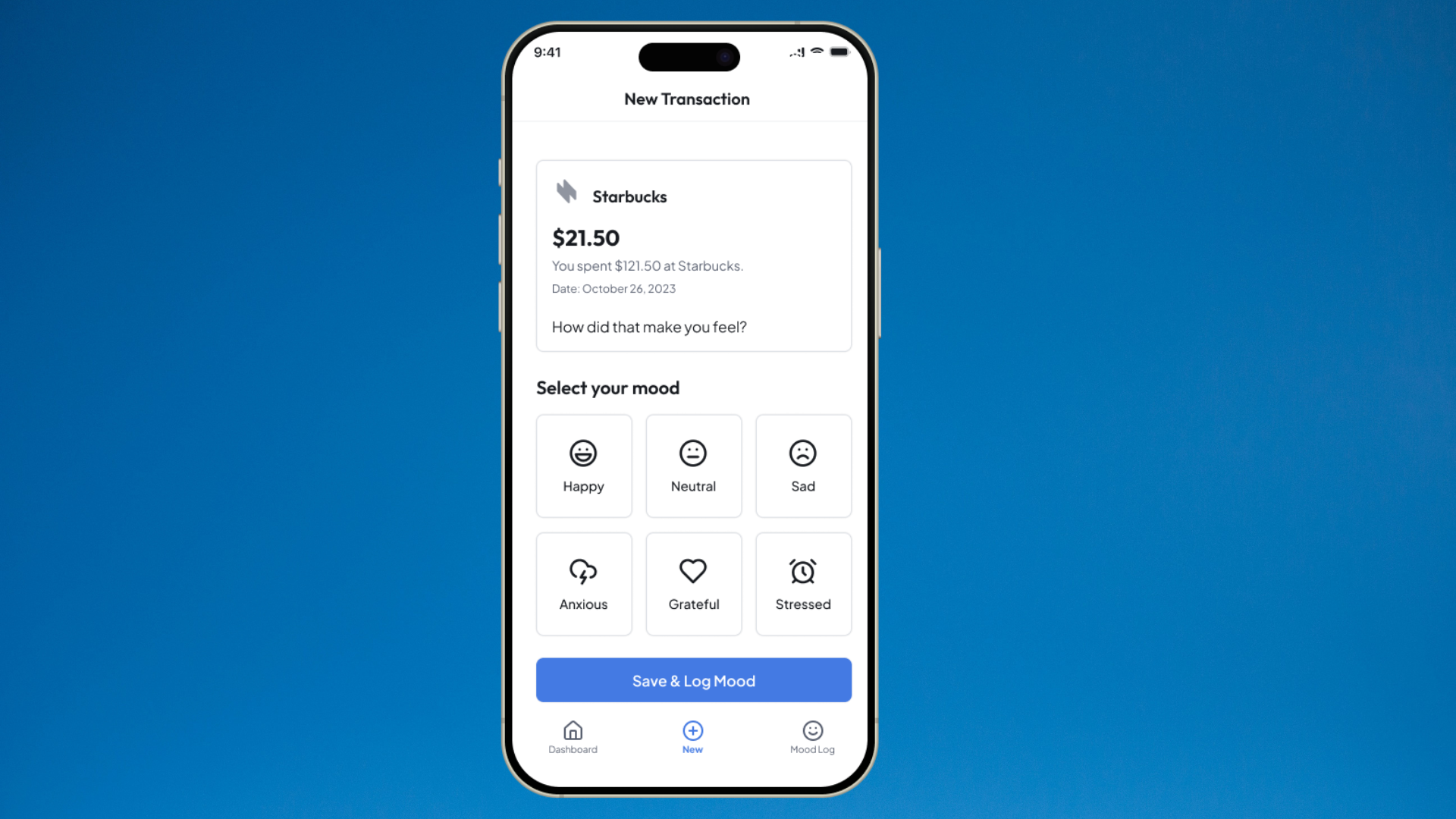 Smartphone displaying a mood tracking app with a recent Starbucks transaction of $21.50 and various emotion options such as Happy, Neutral, Sad, Anxious, Grateful, and Stressed.