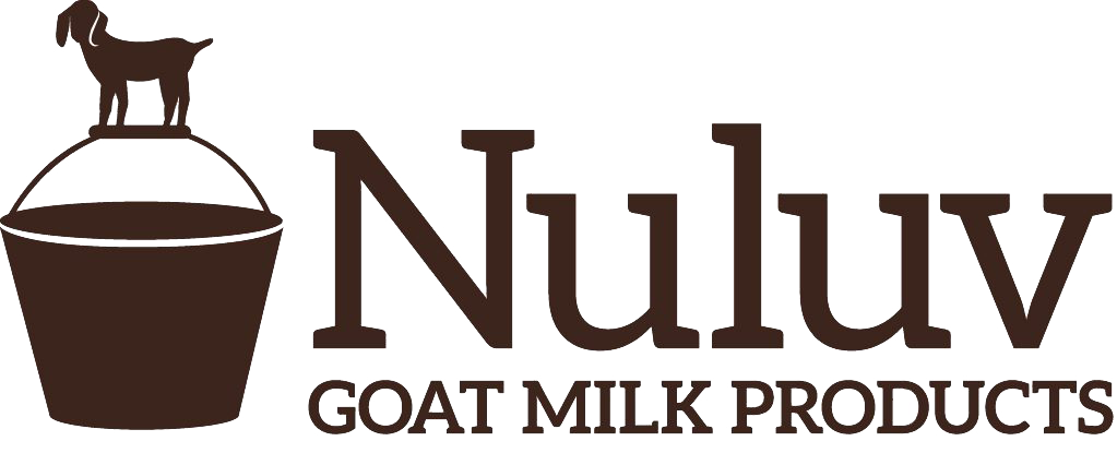 Logo for Nuluv Goat Milk Products featuring a silhouette of a goat standing on a circle atop a milk bucket.