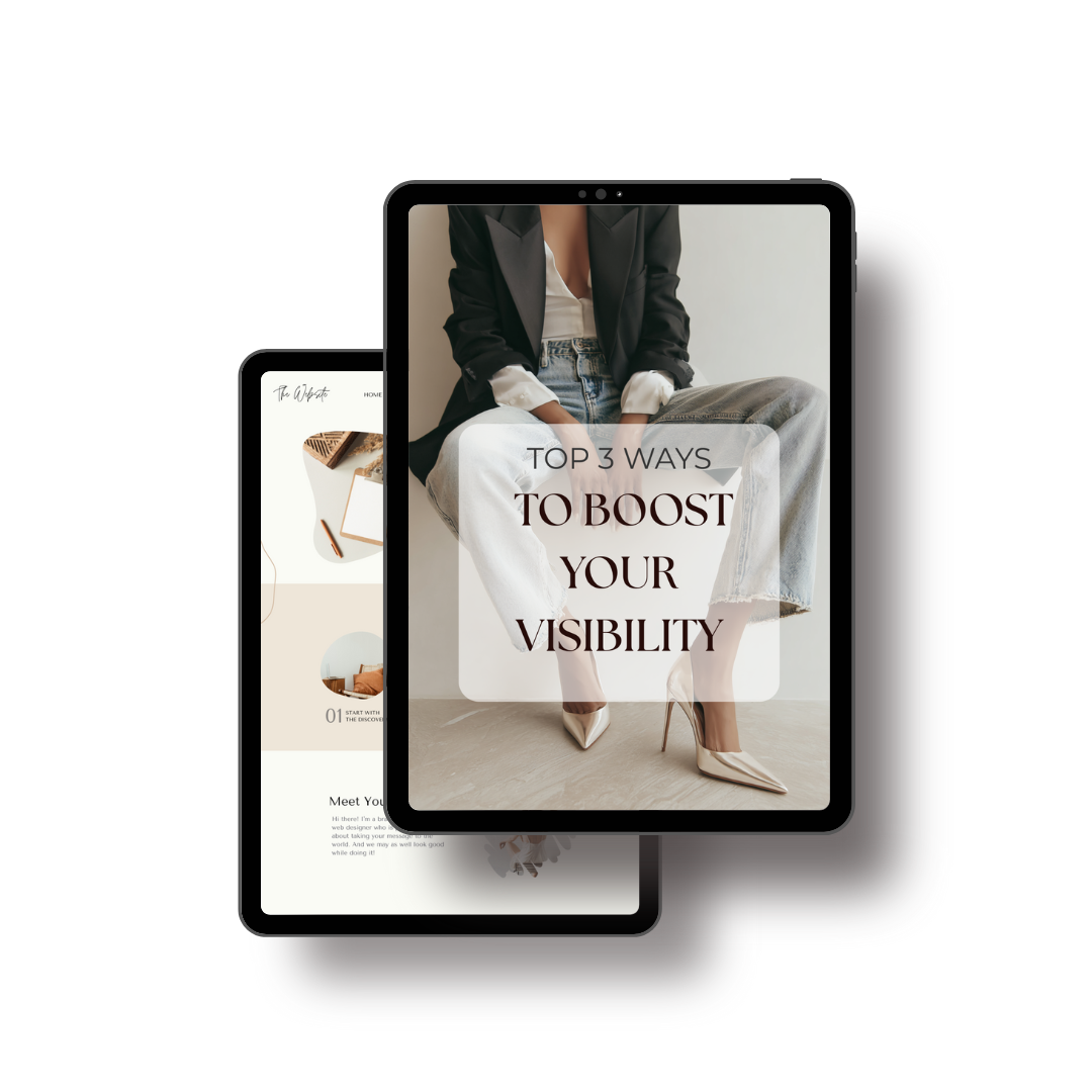 Two tablets displaying fashion and lifestyle content, with the one in front showing a woman in stylish clothing and the text "Top 3 Ways to Boost Your Visibility."