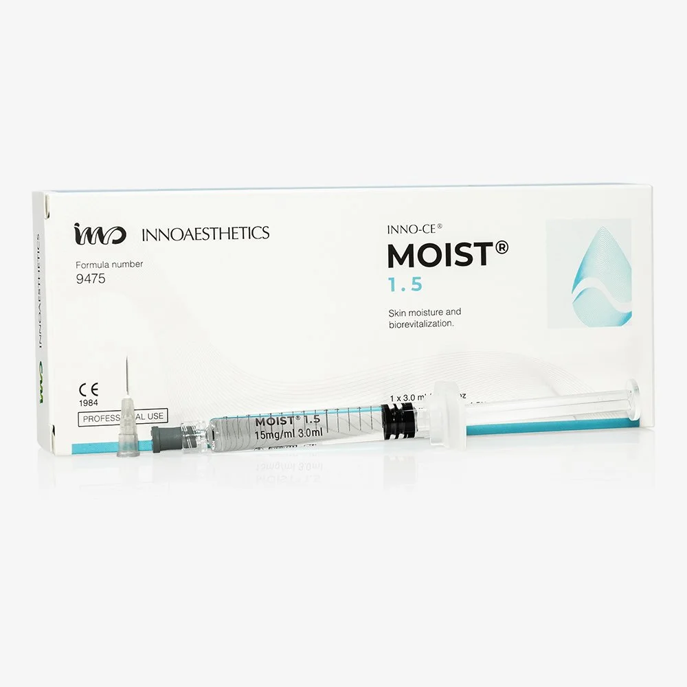 Box of Innoaesthetics MOIST 1.5 skin moisturizer with a syringe in front.